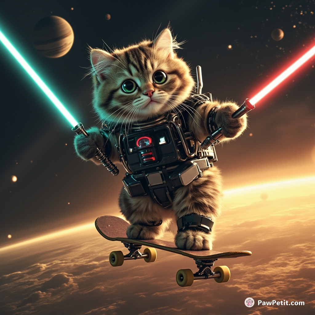 A cybernetic cat skateboarding off the rings of Saturn wielding lasagna lightsabers.