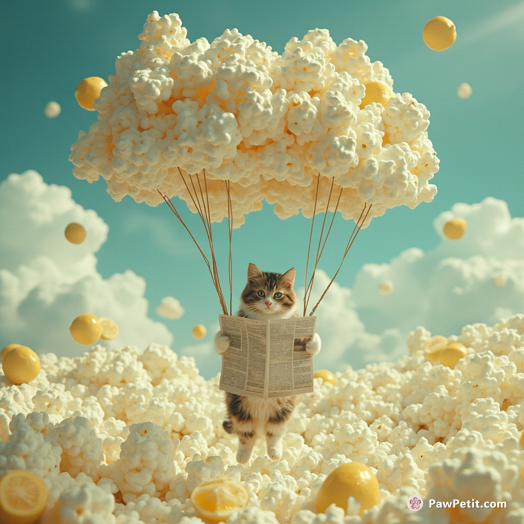 A cat parachuting from a popcorn cloud into an ocean of lemonade, while reading a newspaper.