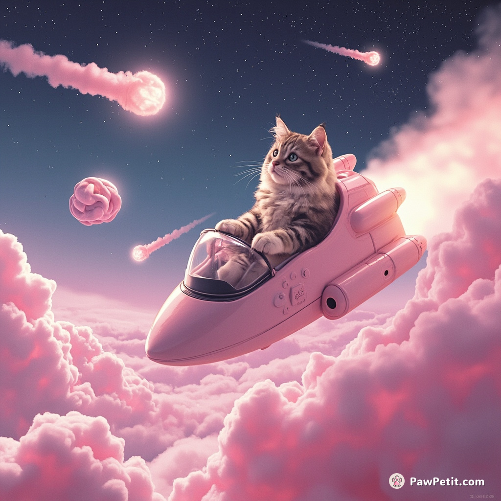 A space-faring cat piloting a marshmallow spacecraft, evading candy comets in an ocean of cotton candy clouds.