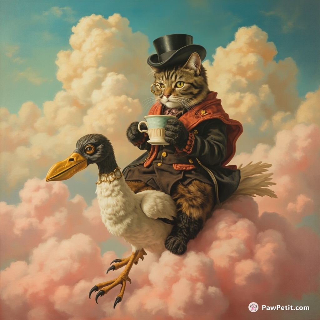 A Victorian era cat wearing a monocle and sipping tea while riding a dodo bird through a desert of cotton candy clouds.