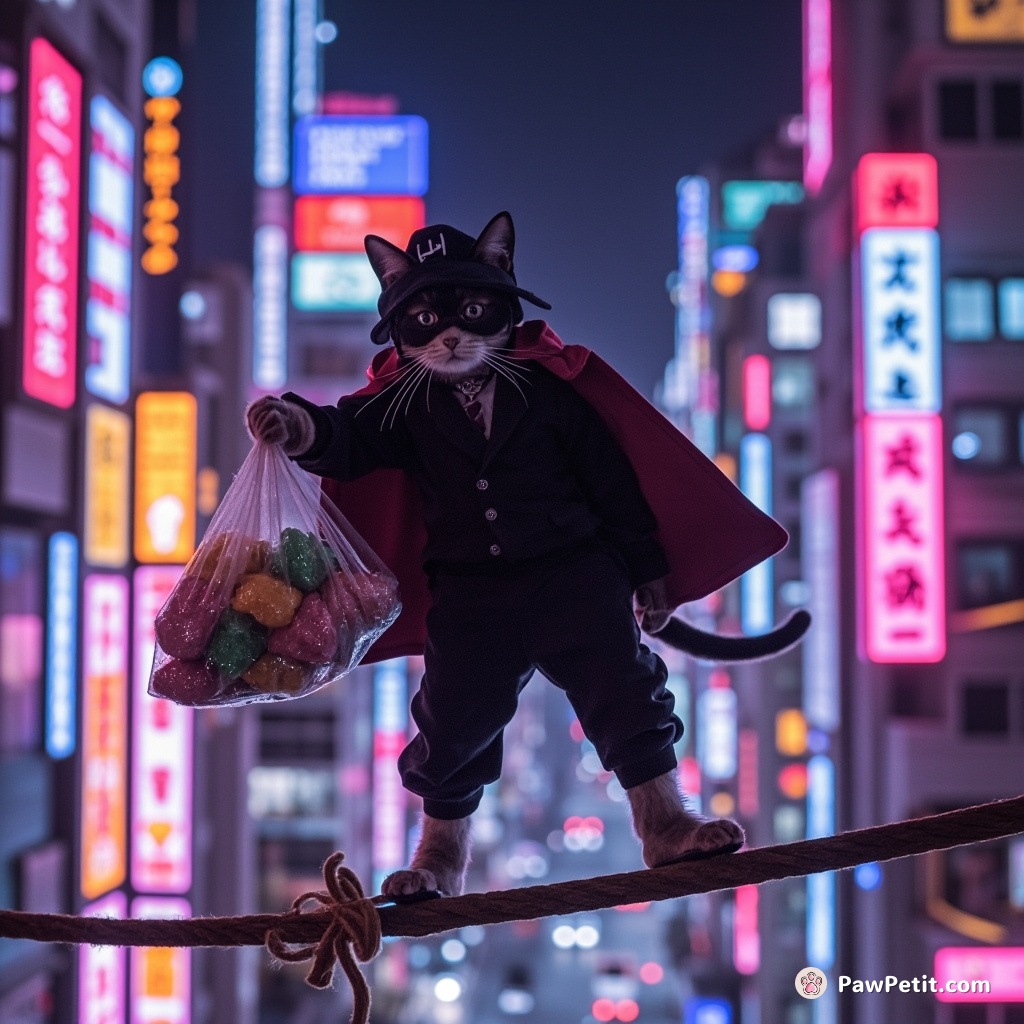 A cat burglar balancing on a tightrope over bright neon Tokyo, stealthily carrying a bag of glittering rainbow sushi rolls.