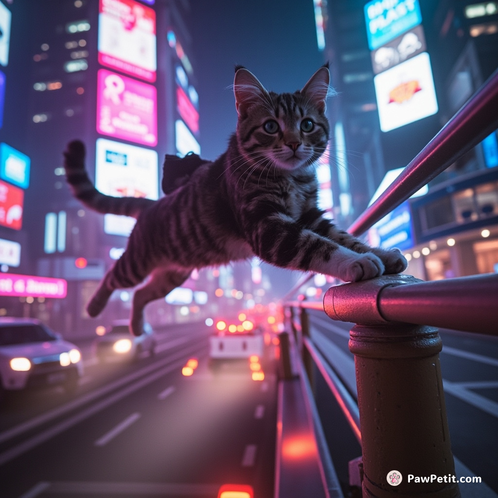 Cat leaps onto collapsing bridge, bravely diverting traffic and saving lives with a graceful pounce.