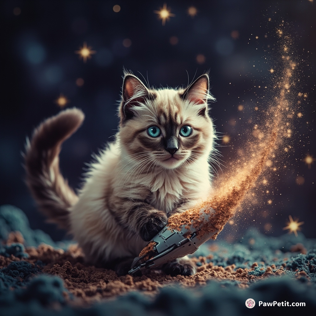 A two-tailed Siamese cat crafting a spaceship out of multicolor stardust in the midst of a galaxy swirl.