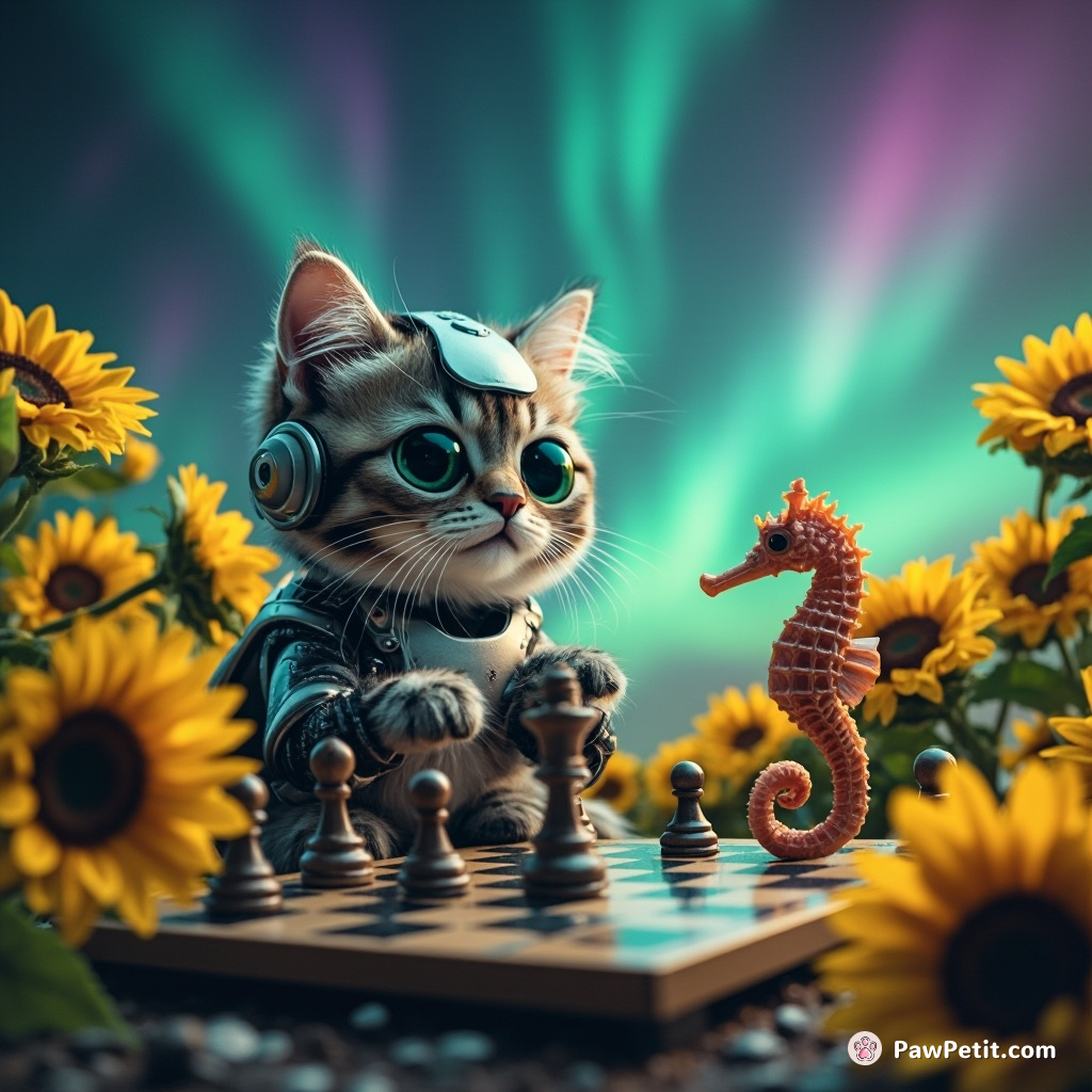 Cyborg cat playing chess with a seahorse on a sunflower battlefield under the northern lights.
