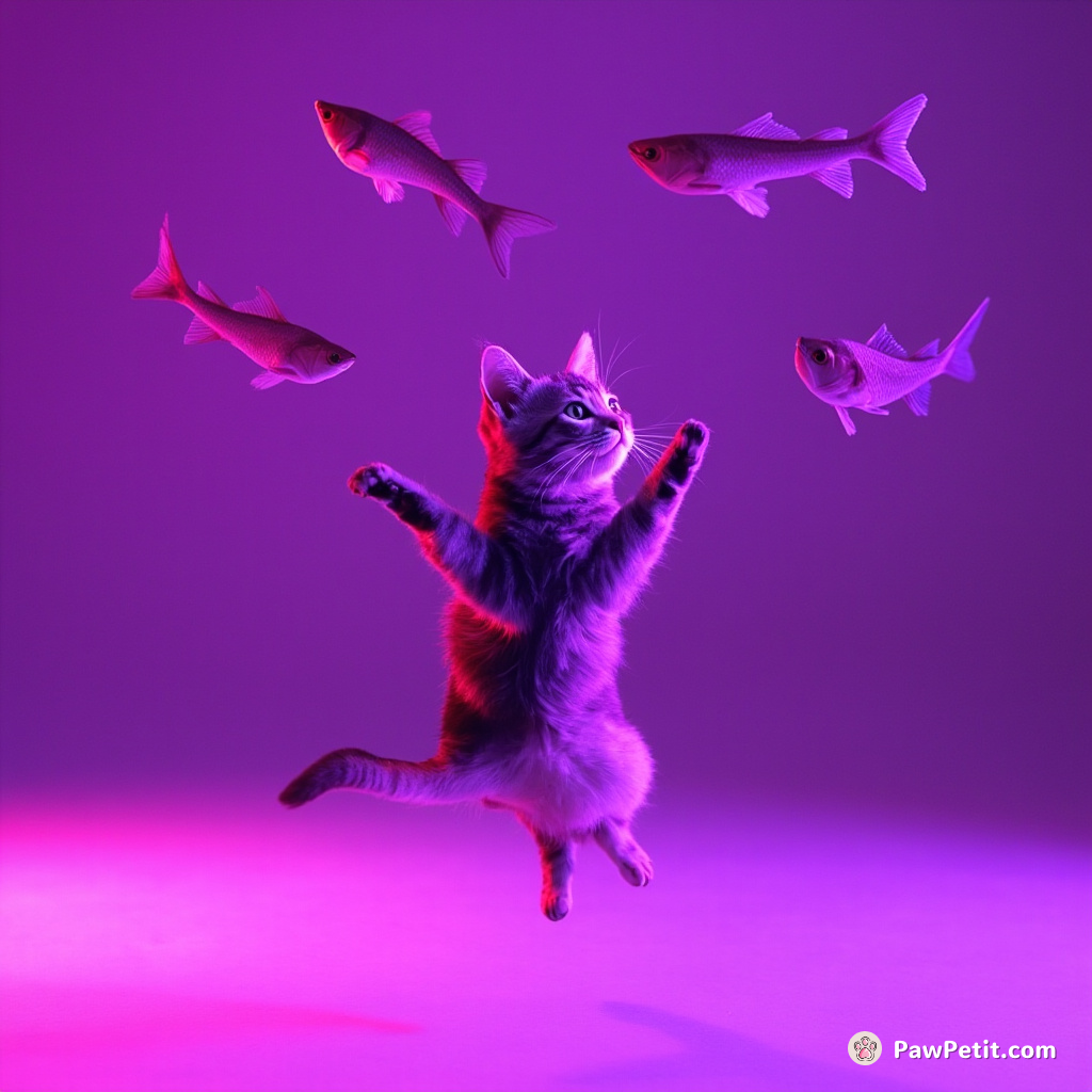 A tabby cat levitating whilst juggling interdimensional fish in a neon purple retro dance floor.