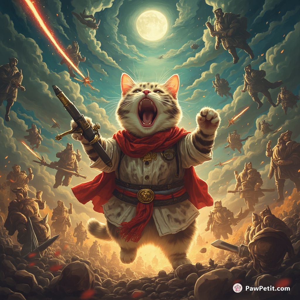 In a world of chaos, a cat's yawning stops a war, hailed as the savior of humanity.