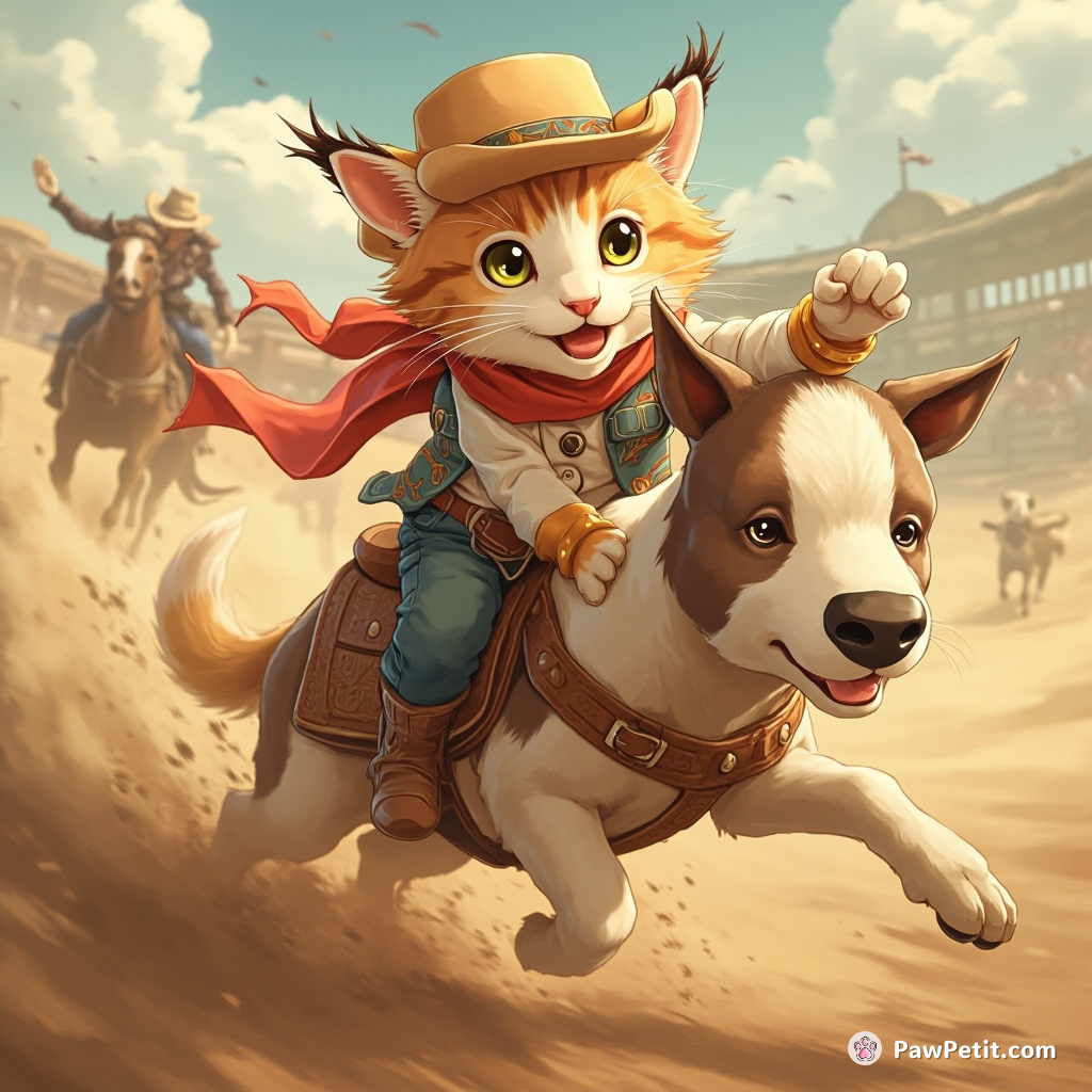 A cat mounted on a dog, pretending to be a cowboy at rodeo, frenetically swiping invisible cattle with its paw.