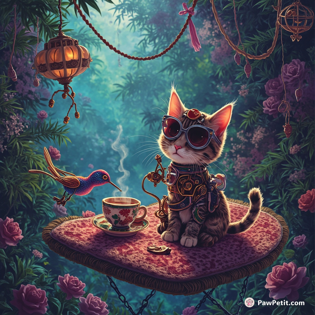 A steampunk cat sipping tea on a hovering carpet with miniature robot hummingbirds in a dense neon jungle.