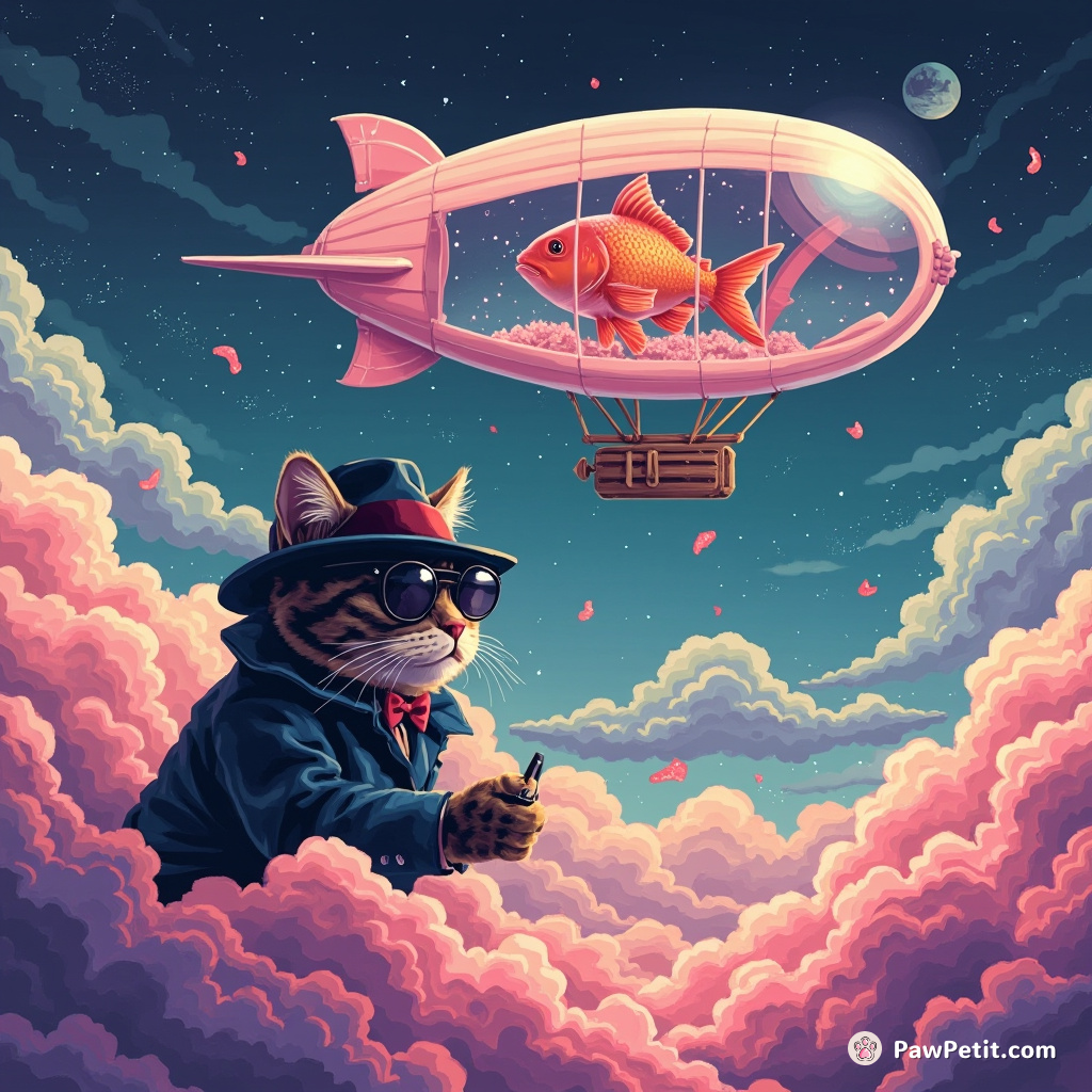 A noir detective cat investigating a fish-crime scene inside an invisible zeppelin floating in a candyfloss cloud.