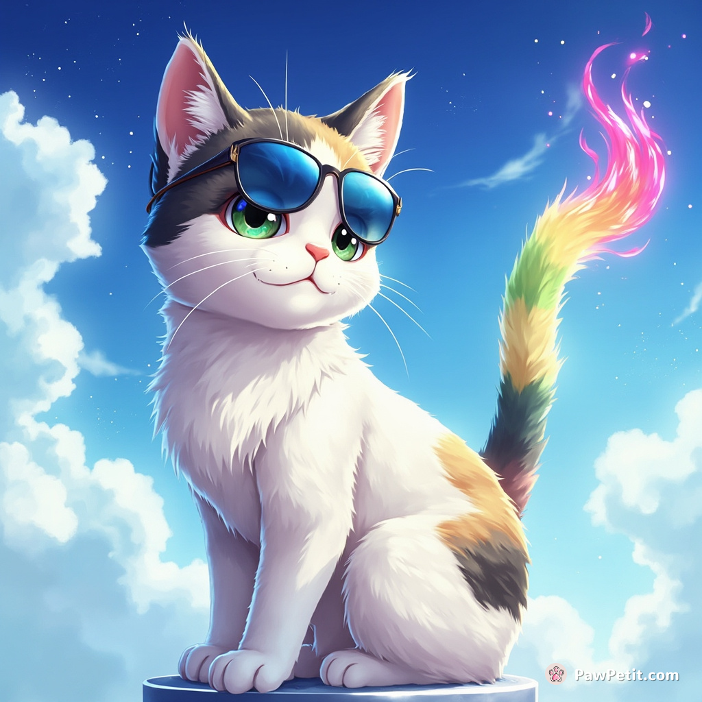 A calico cat painting the sky with colors emitted from its tail.
