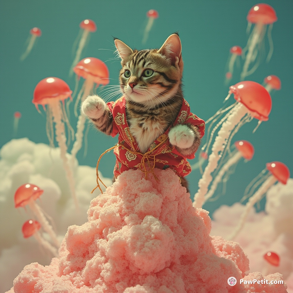 A cat doing a dramatic kabuki performance on the summit of a sugar-coated mountain with jellyfish in the background.