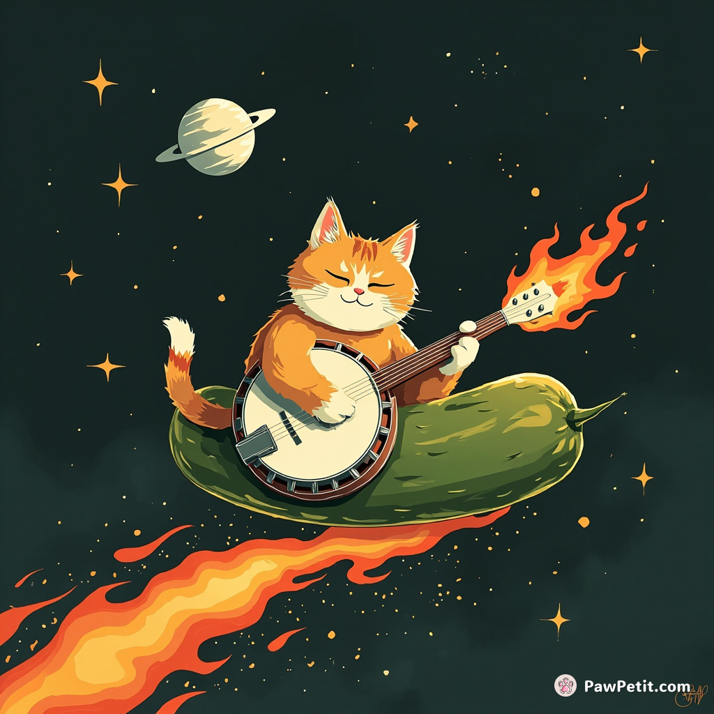 Cat playing a flaming banjo while riding on a dill pickle in space.