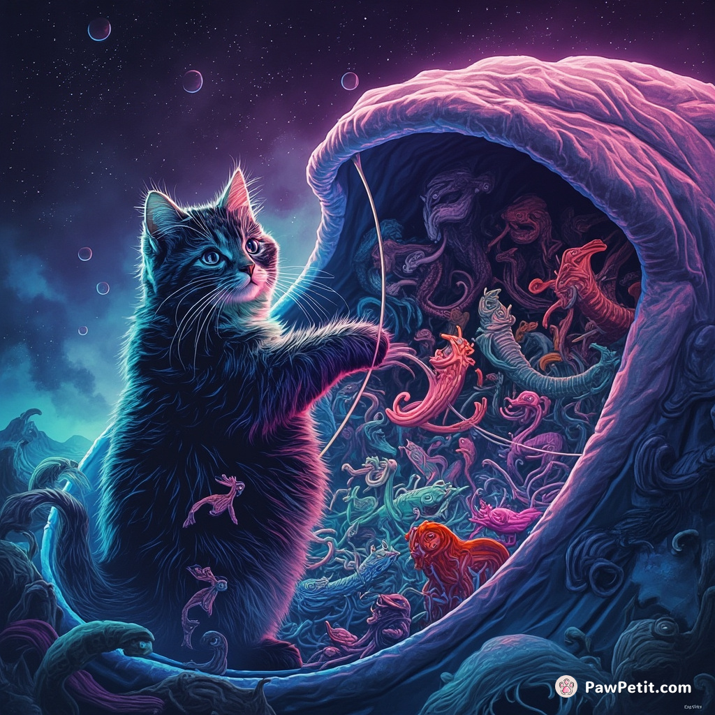 Cat conducting a symphony orchestra comprised entirely of sea creatures inside a whale's belly.