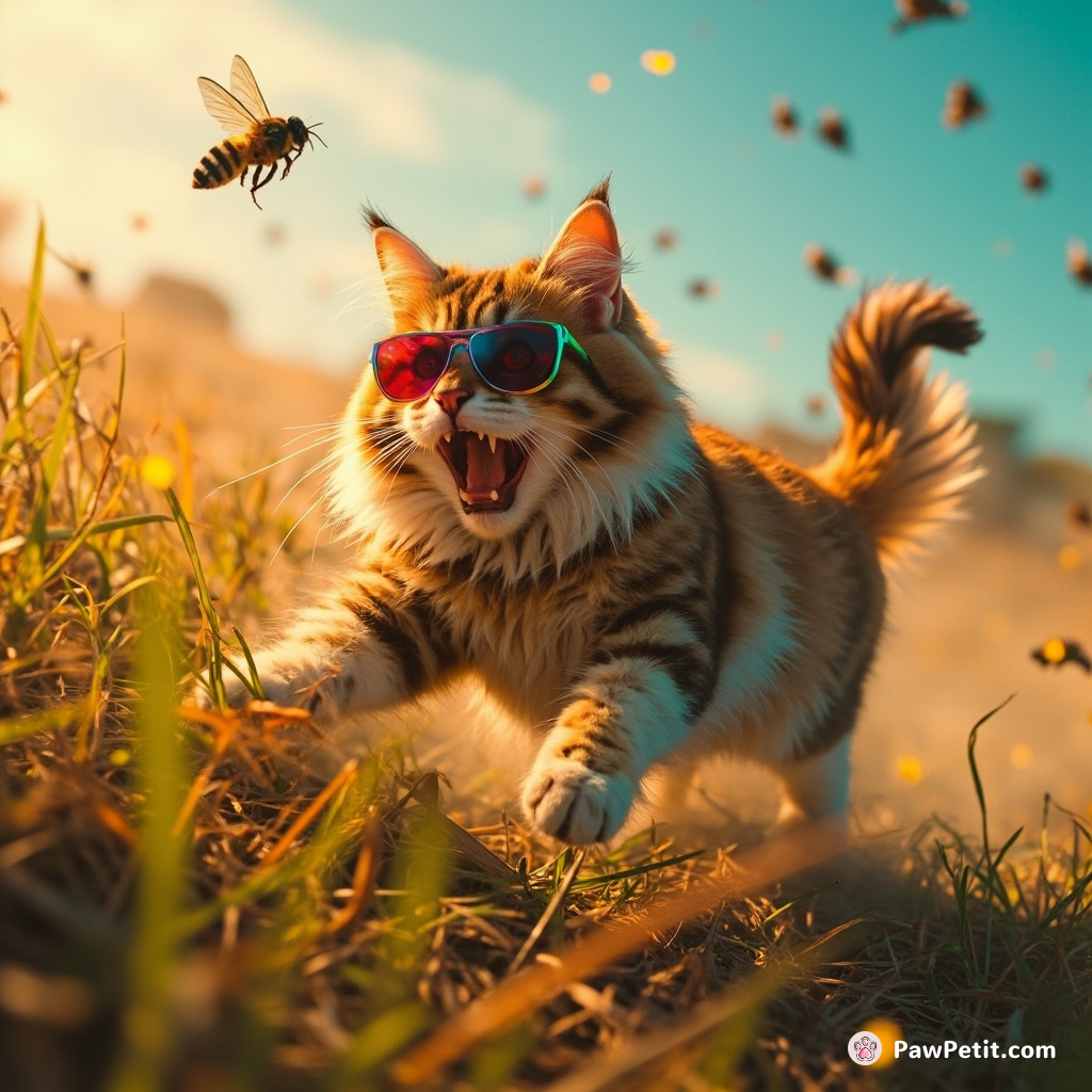Fur ablaze in the sun-dipped grass, the cat launches after a buzzing intruder, reveling in wild intoxicating chaos.