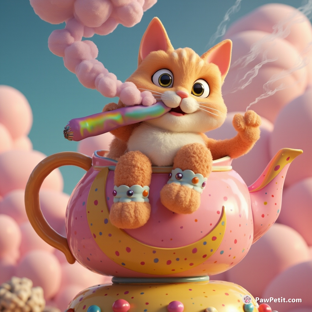 Cat exhaling rainbow smoke after puffing on a cosmic cigar in moon-shaped boots, inside an oversized bubble teapot spinning atop a giant candy carousel.