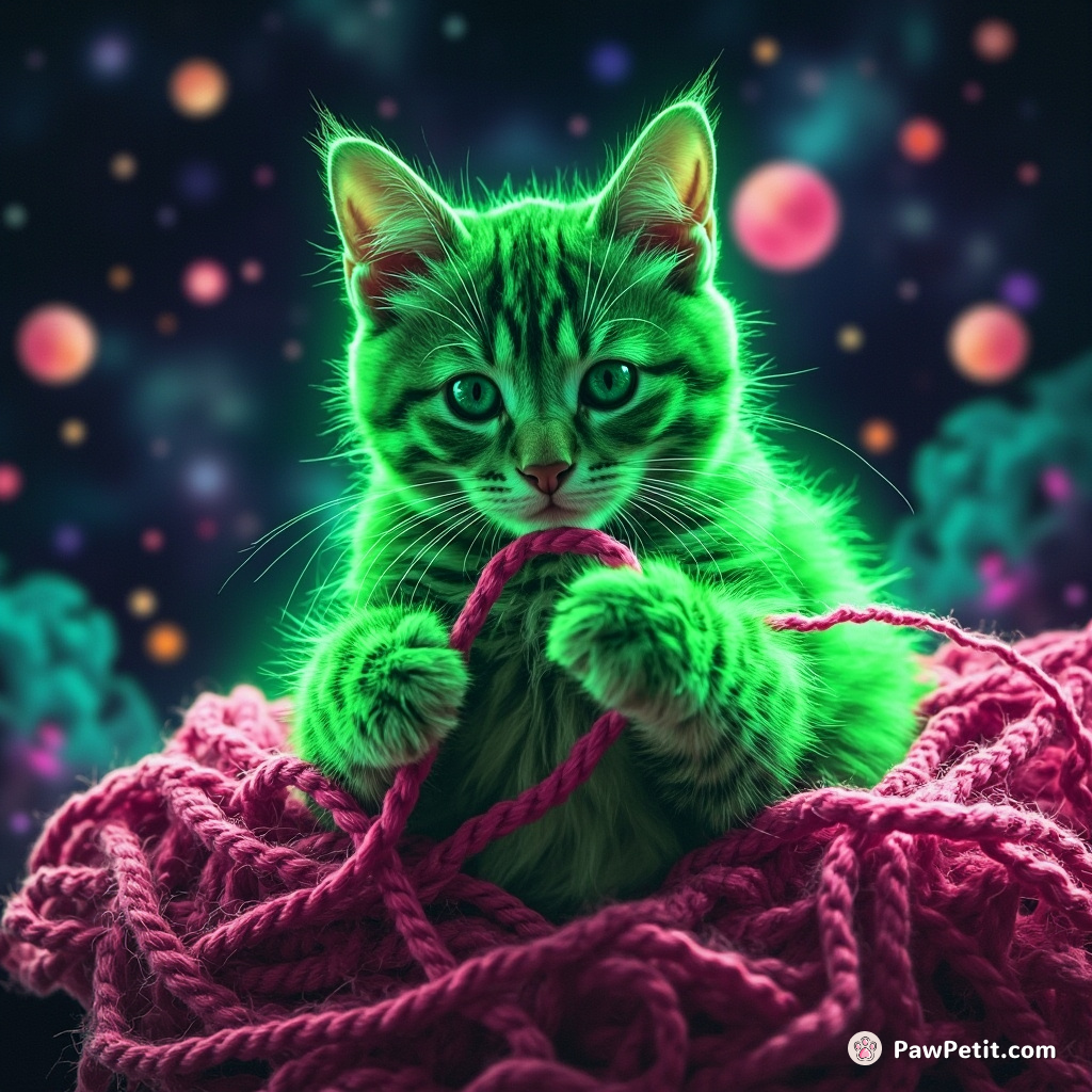 A neon green cat knitting a universe with galaxies for yarn in zero gravity.