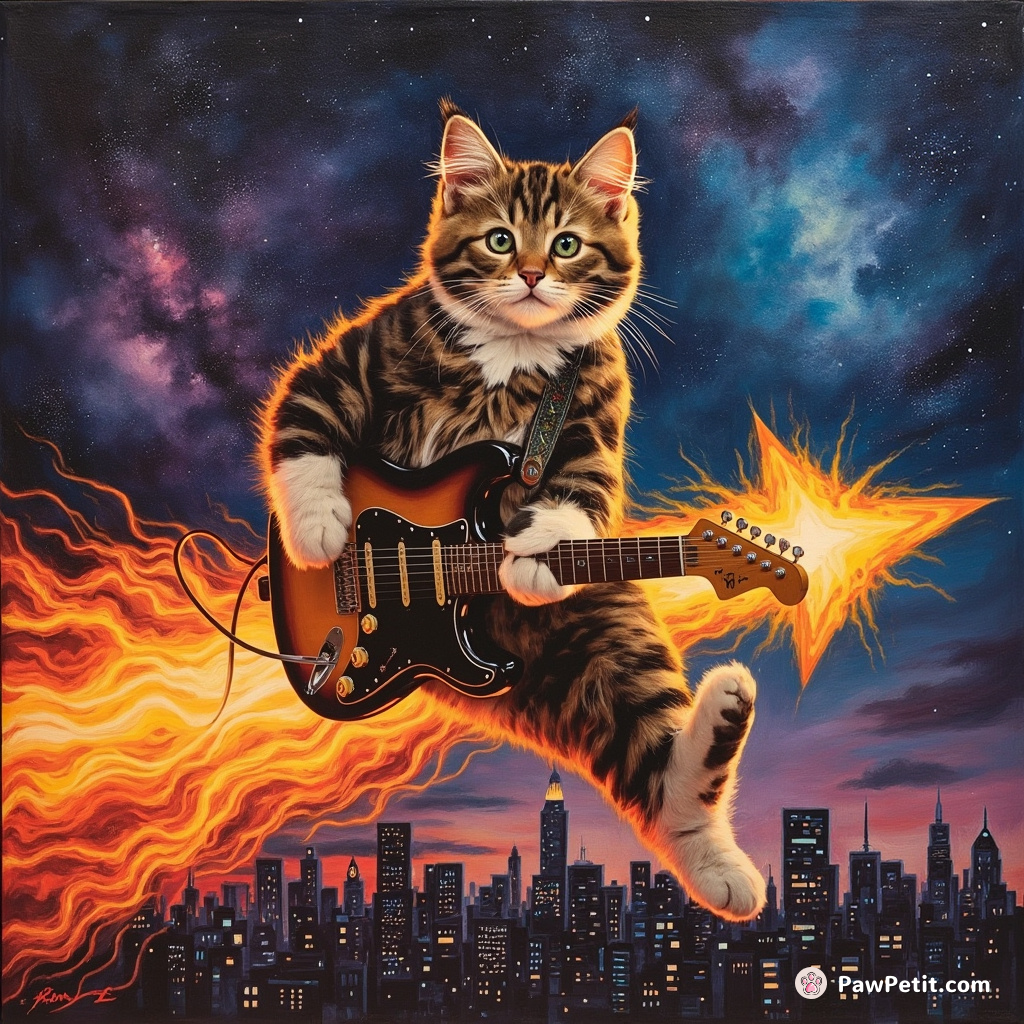 A tabby cat playing a flaming guitar on top of a giant shooting star, zooming across a neon galaxy skyline.