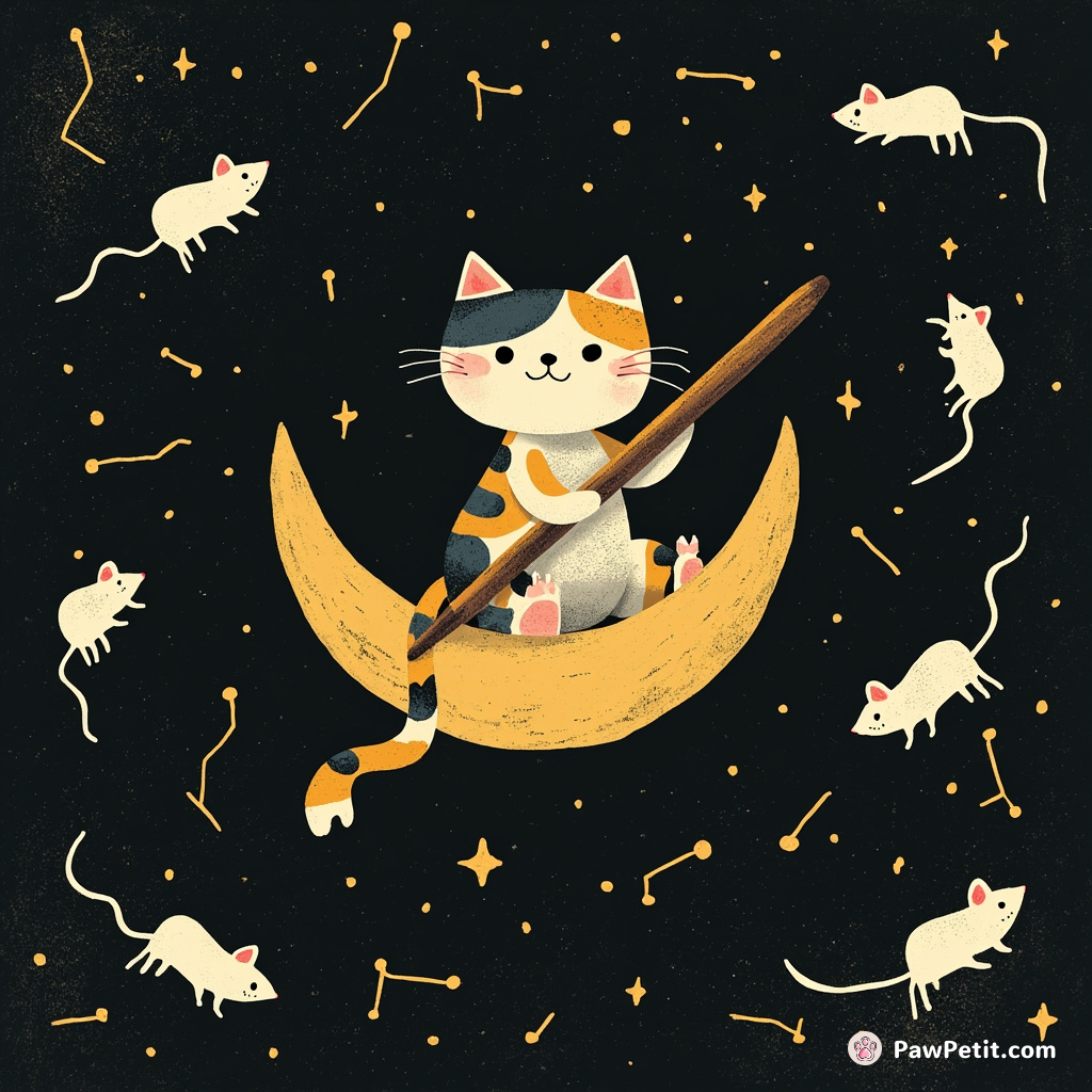 Aboriginal moon cat playing a didgeridoo floating in the constellations shaped like mice.
