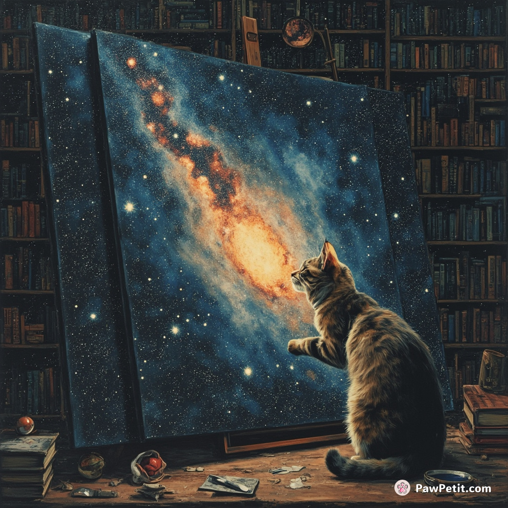 A cat painting a stardust galaxy on an immense canvas amid a zero-gravity space library.
