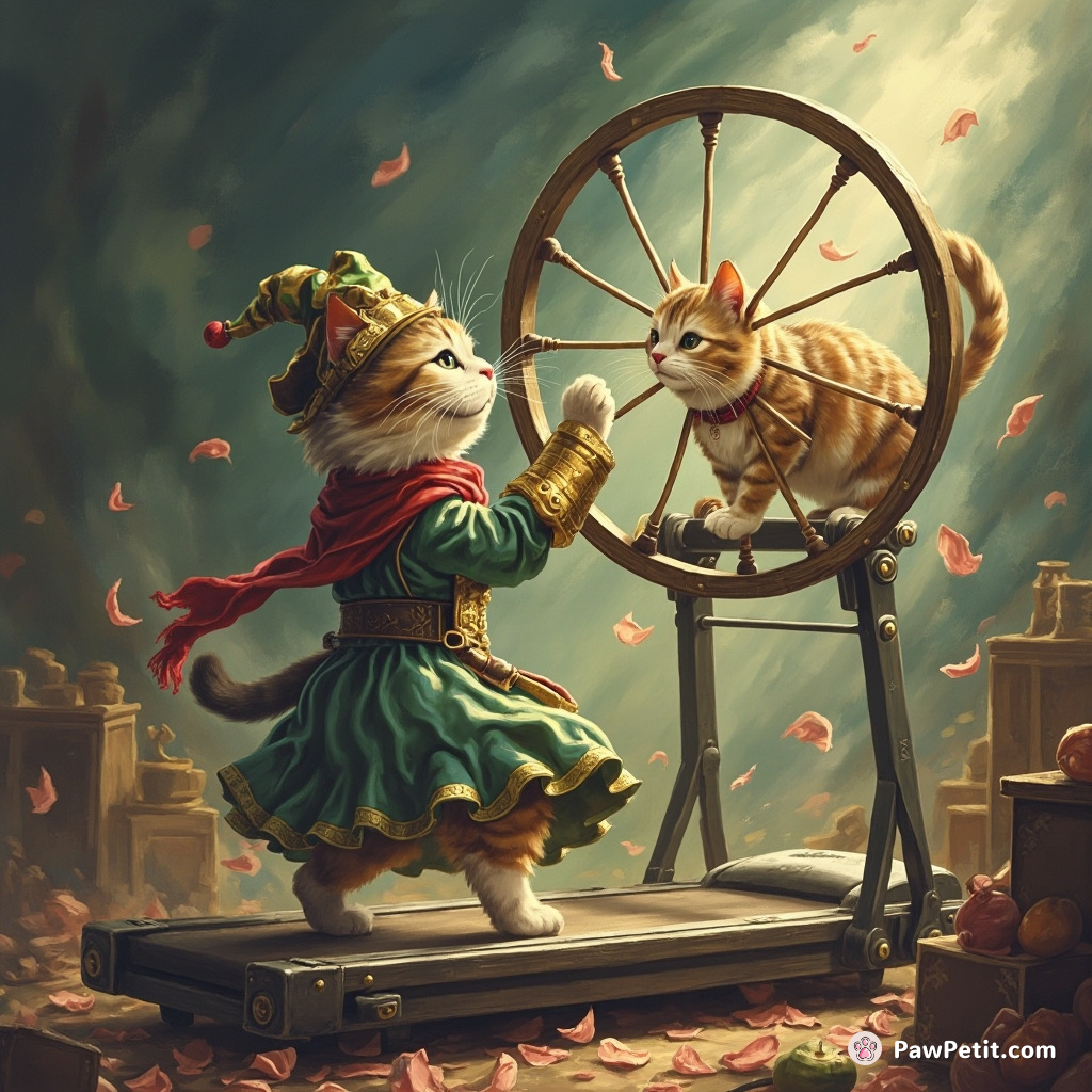 A cat, seeing a person on a treadmill, tries to catch the moving floor, thinking it's a giant hamster wheel.