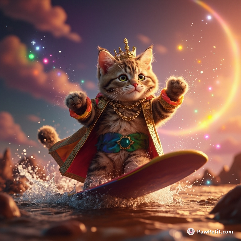 A royal cat highlighting a psychedelic magic book to change color while surfing on a chocolate river.