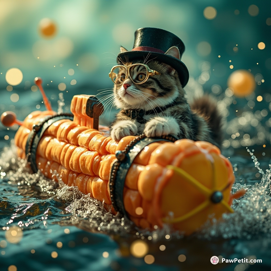 Steampunk cat piloting a submarine made of sushi in an ocean of sparkling fruit juice, wearing goggles and a top hat.