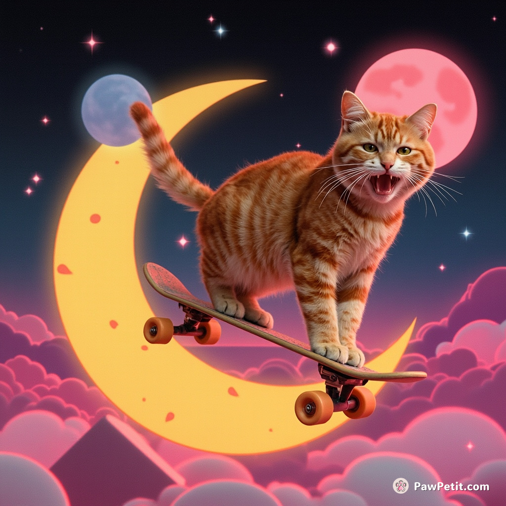 A ginger cat skateboarding on a cheese moon, chuckling manically.