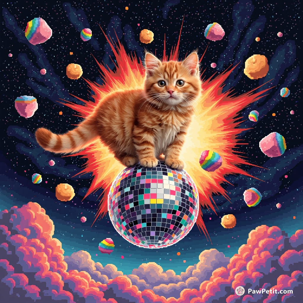 Chubby orange tabby cat gracefully balancing atop a giant exploding disco ball in mid-space cosmos, rainbow-colored marshmallows orbiting near.