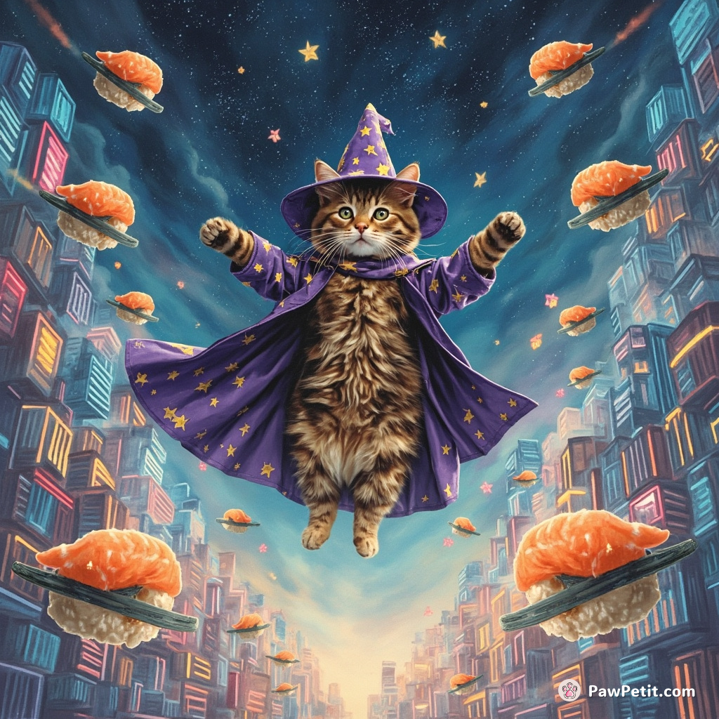 A cat wearing a starry wizard's robe, levitating upside-down above a neon cityscape, leading an army of drones shaped like sushi.