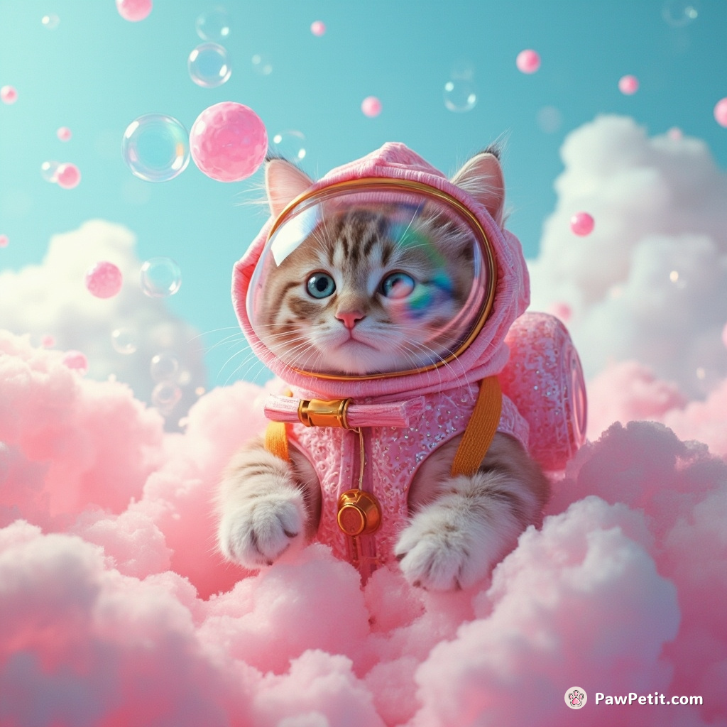 Cat popping bubble wrap in deep sea diver gear submerged in a zero-gravity cotton candy cloud.