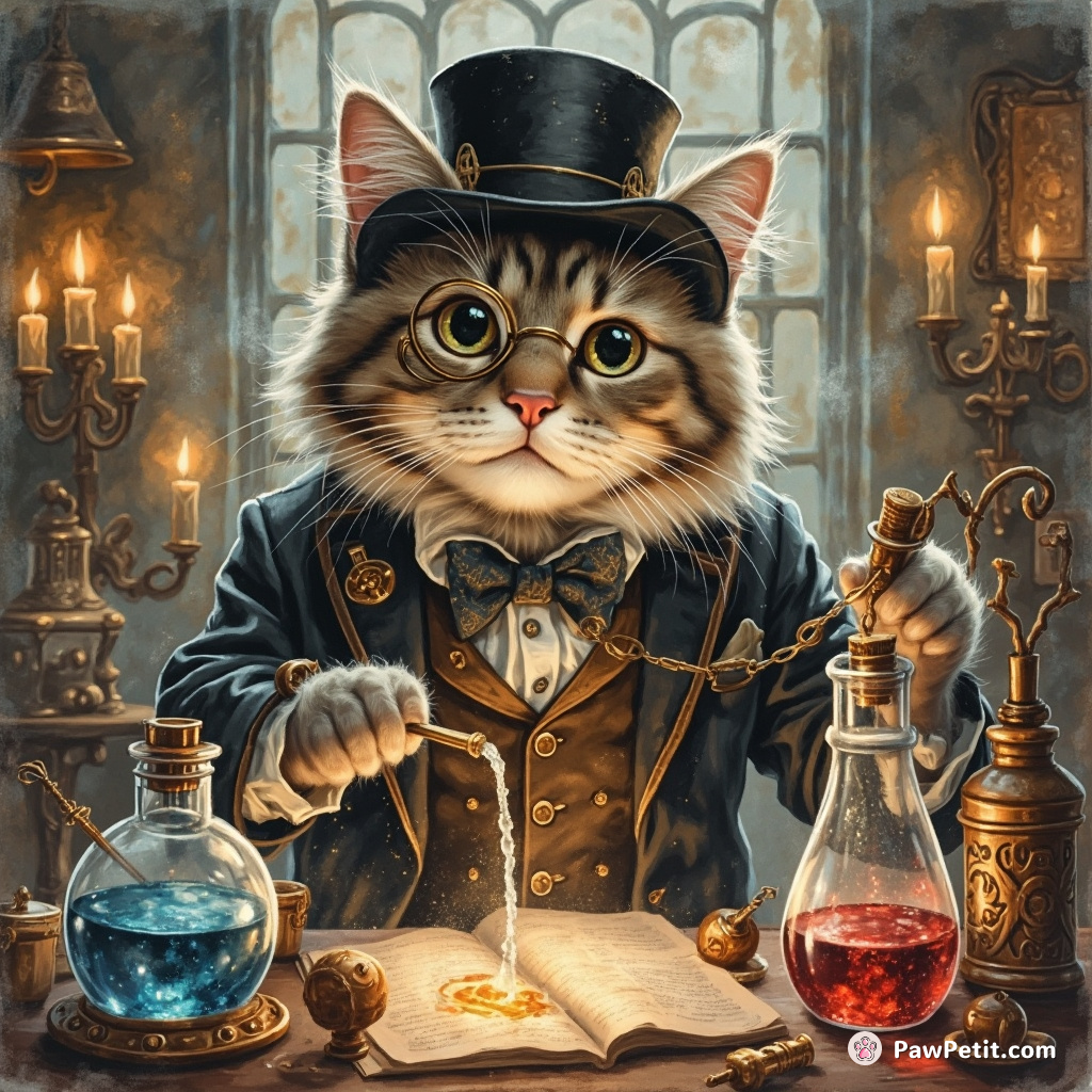 A Victorian-style cat wearing a monocle and steampunk attire, nimbly operating an ancient alchemy lab filled with flickering candles and boiling potions.