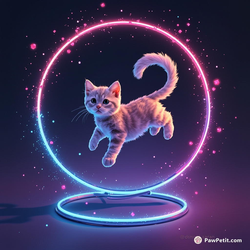 The cat gracefully leaps through holographic hoops, its digital tail leaving a trail of sparkling pixels.