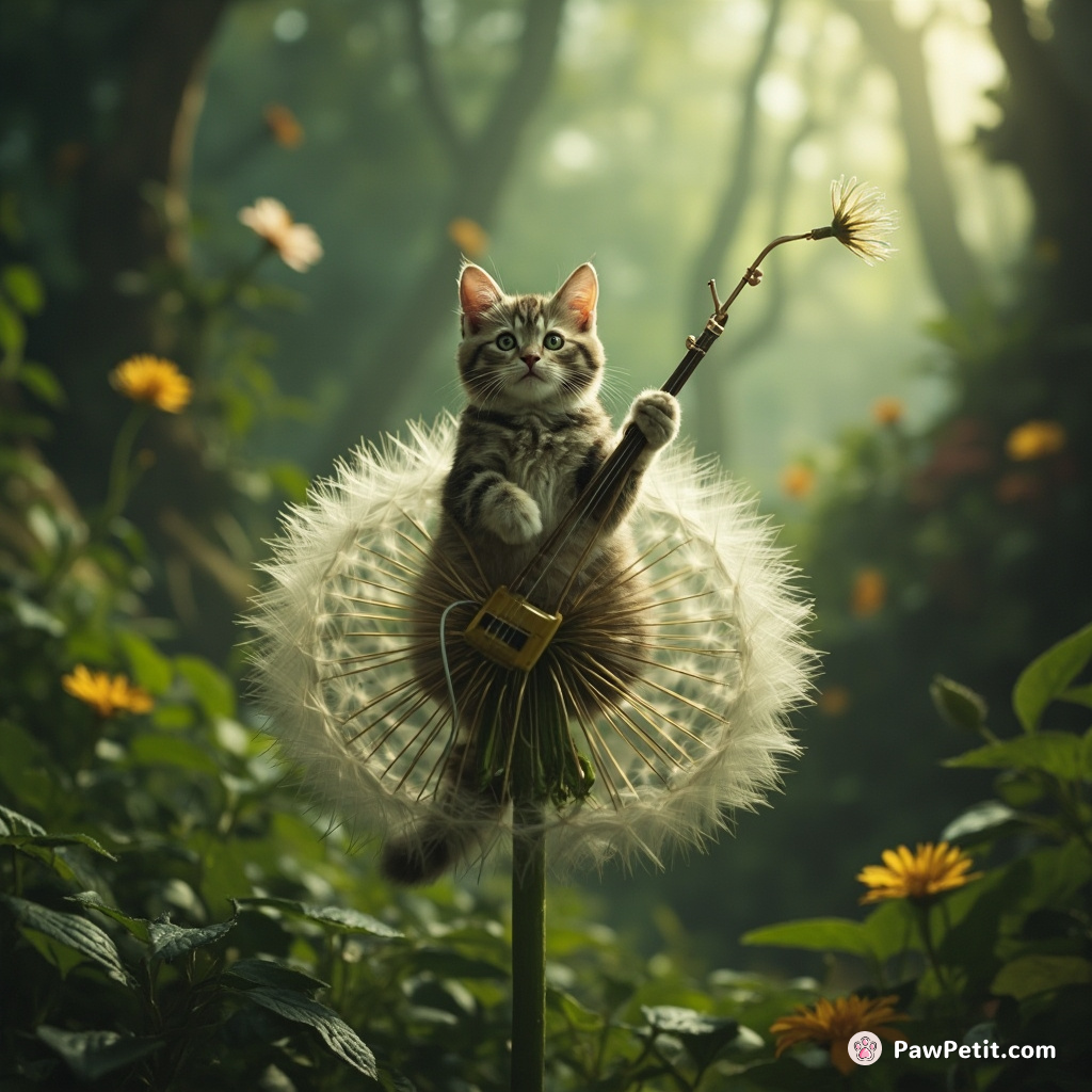 A cat playing a theremin atop an oversized while floating dandelion in the middle of an alien rainforest.