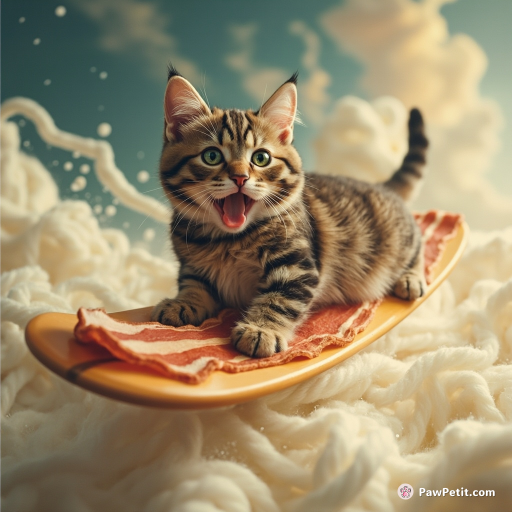 A cat surfing on a bacon strip through a milky way of knitting yarn.