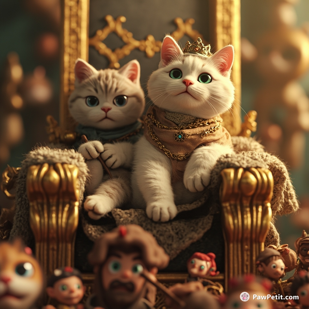 **Main Cat Action:** Regal cats decree human labor, lounging on thrones as humans toil below.