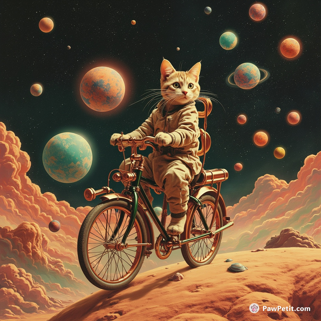 Steampunk cat riding a monocycle on Mars while juggling mini galaxies.