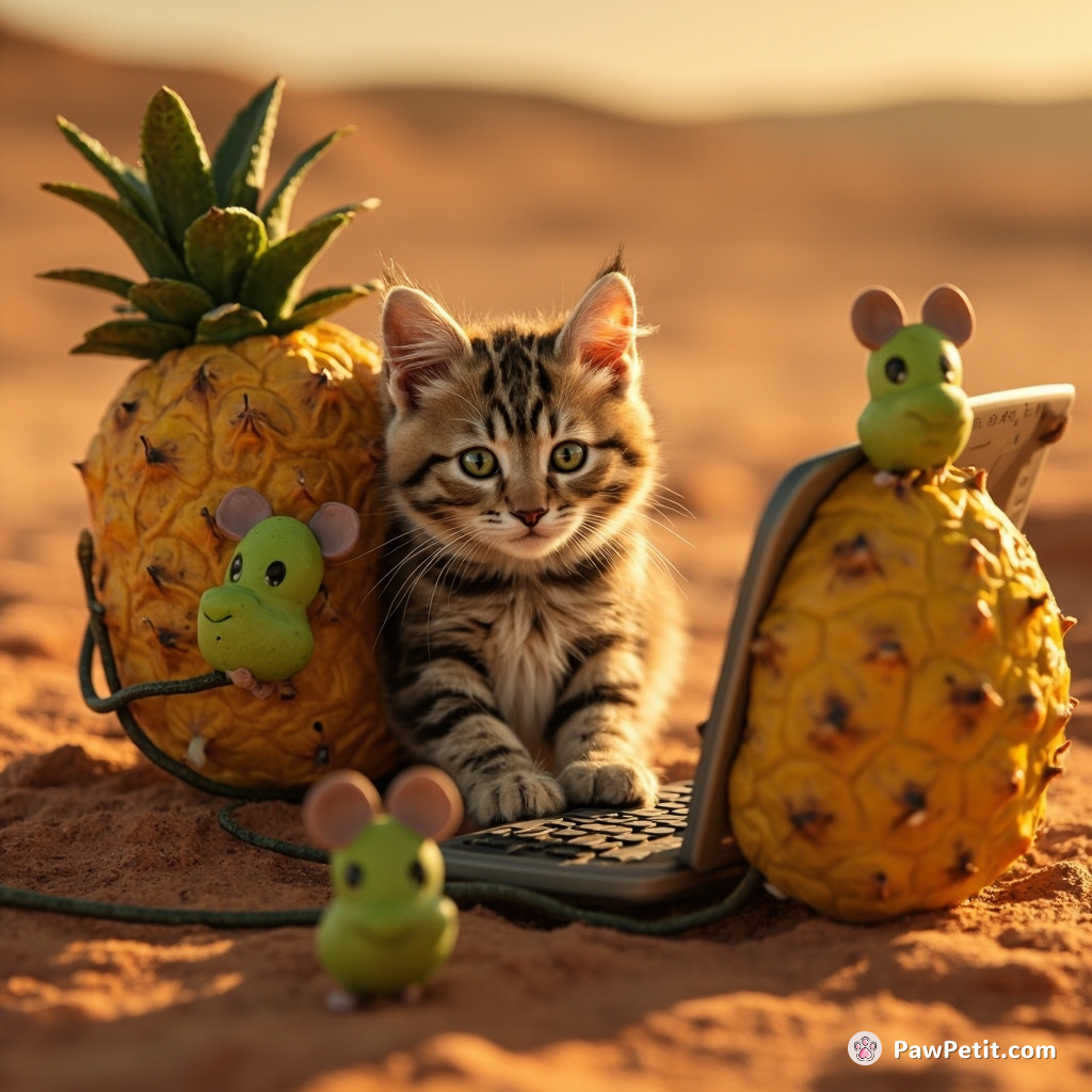Cat logging into a pineapple-shaped computer on Mars with avocado mice.