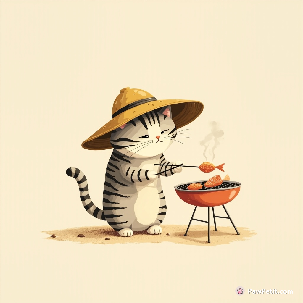 A striped feline poised, squinting beneath a sunhat, sizzling fish on a mini barbecue—a hilarious cat beach day!