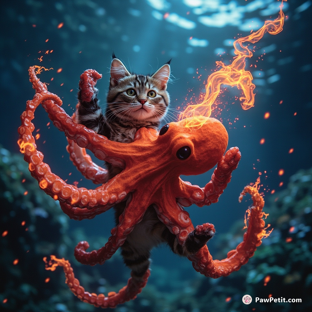 Cat in a flaming tango dance with an octopus, underwater.