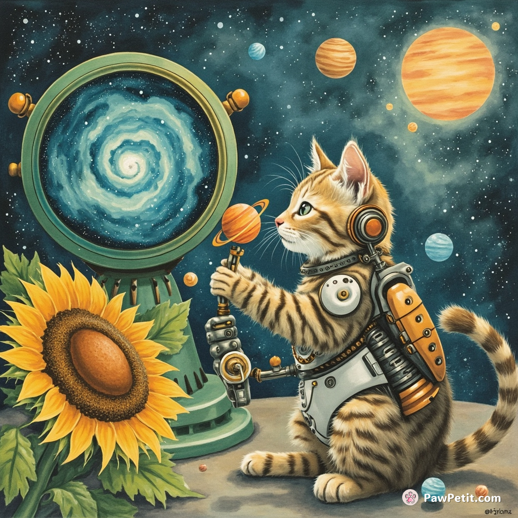A cyborg cat rearranging miniature planets in an intergalactic green observatory with its robotic tale while sipping nebula nectar from a swirling sunflower.