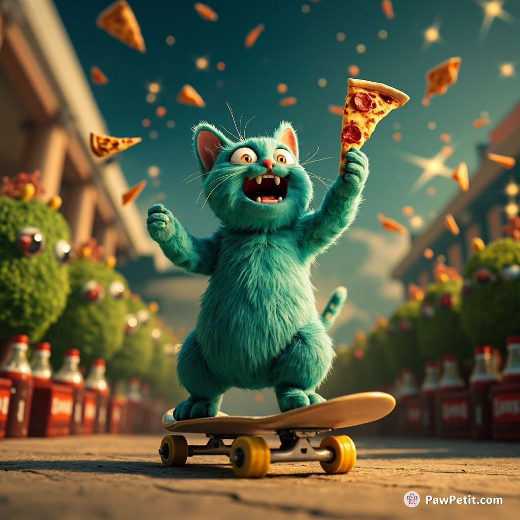 A turquoise cat on a skateboard, hurling pizza slices to an audience of soda-drinking bushes, as shooting stars flutter overhead.
