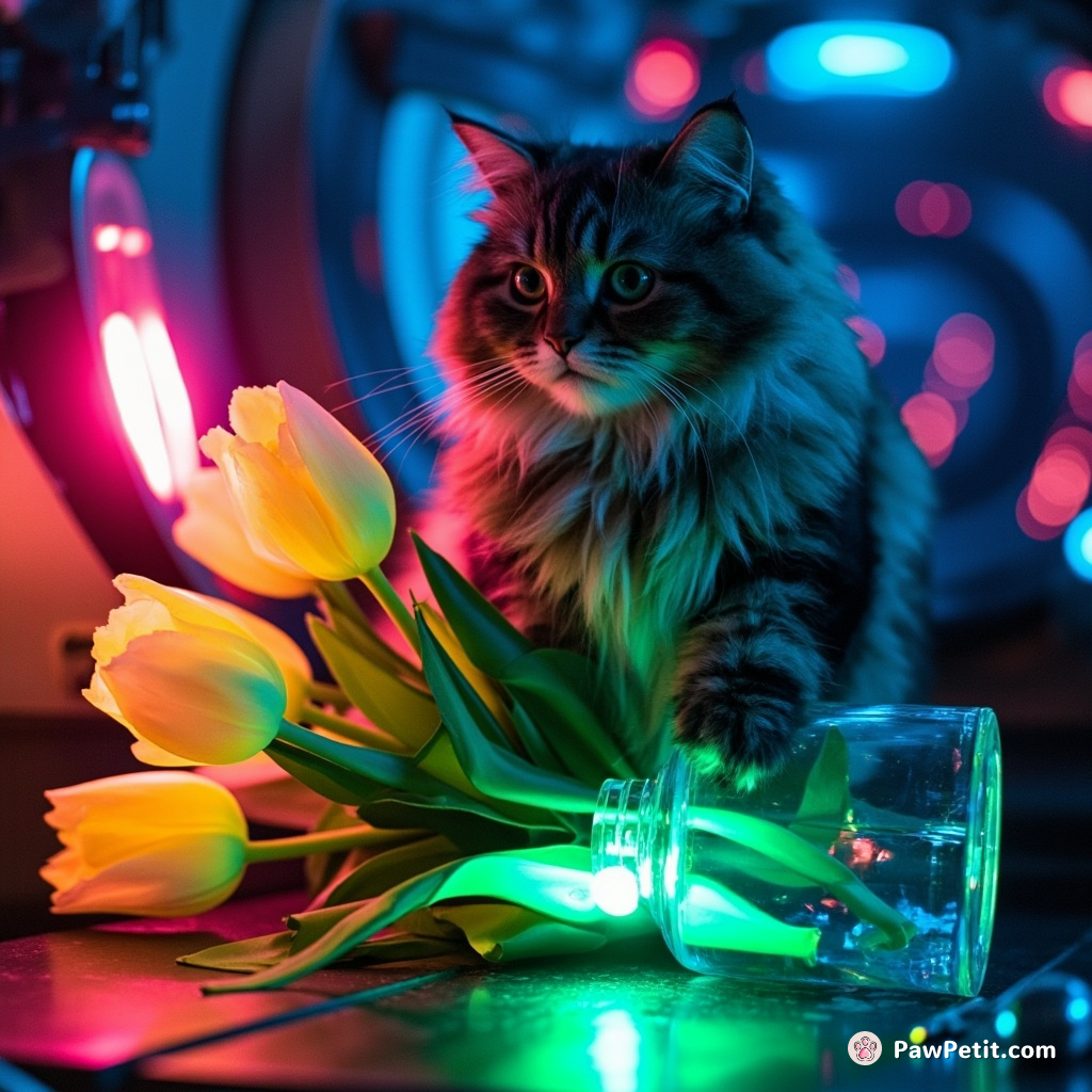 A dystopian future cat tipping over a vase of neon-glowing tulips amidst zero-gravity.