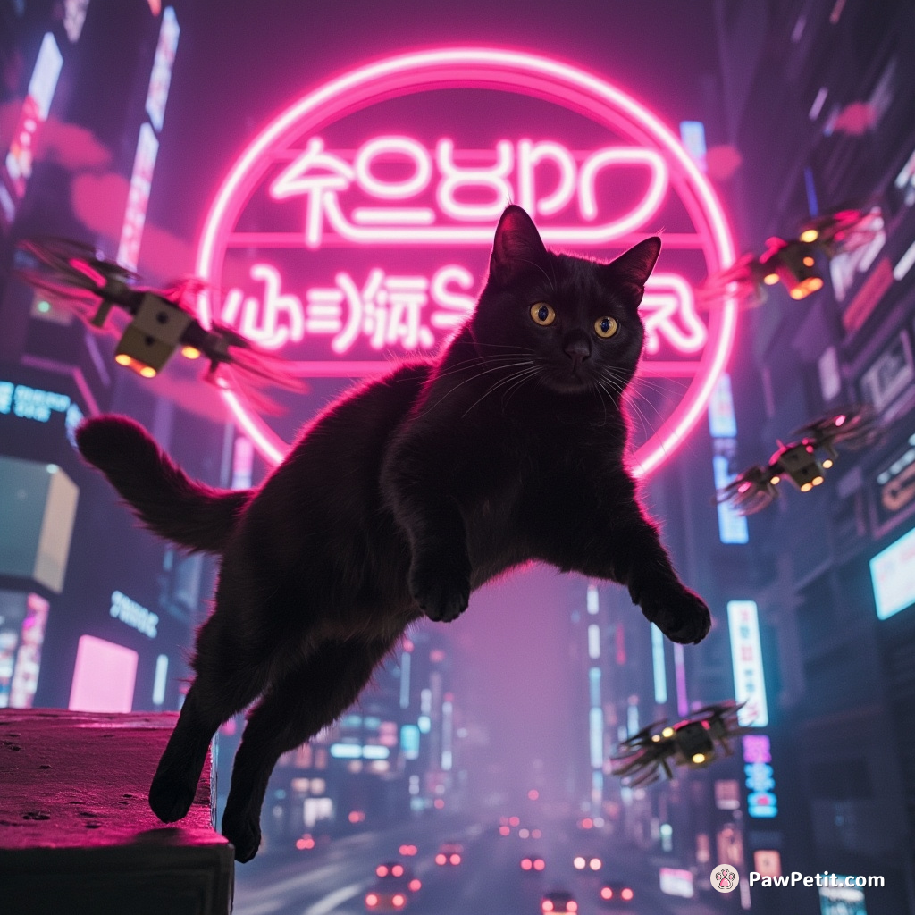 A sleek black cat leaps gracefully from neon sign to rooftop, deftly dodging hovering drones in the bustling cybercity.
