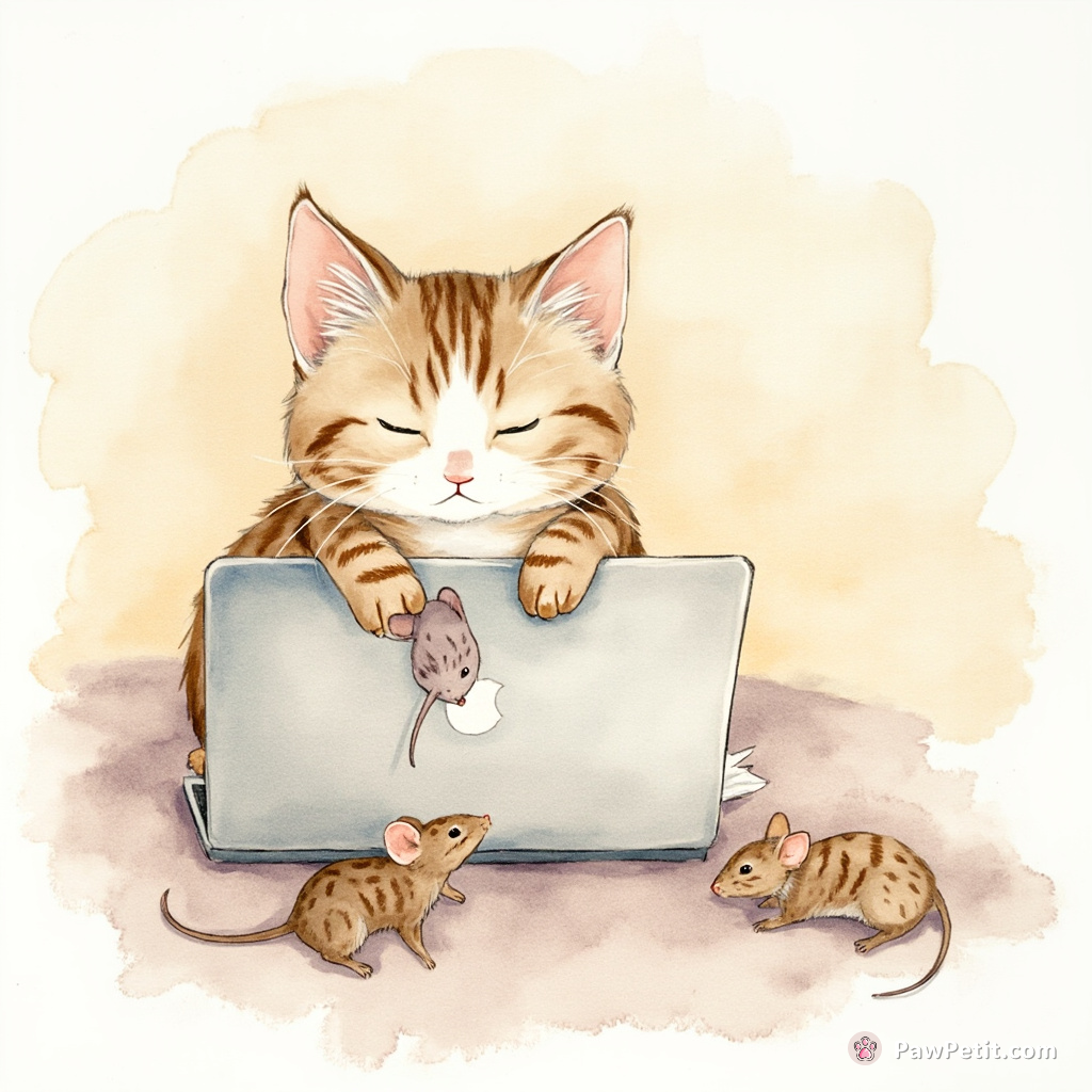 The cat routinely drops mice onto the laptop, thinking it's humans' odd-looking hunting ground.