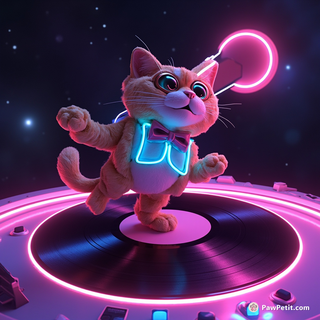 Giant neon cat breakdancing on a vinyl record in zero gravity space.