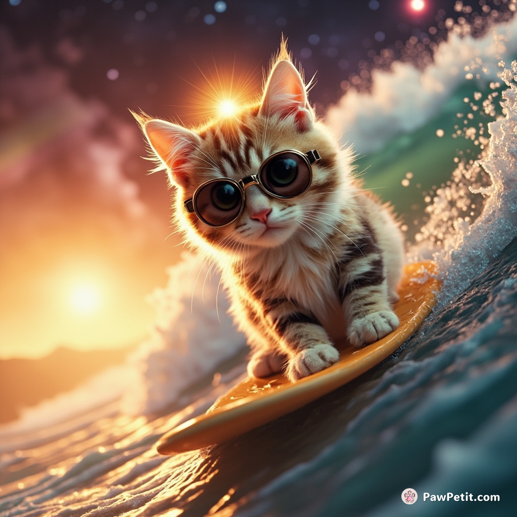 Solar-powered cat surfing on a melted ice cream wave in an intergalactic space dessert cosmos.