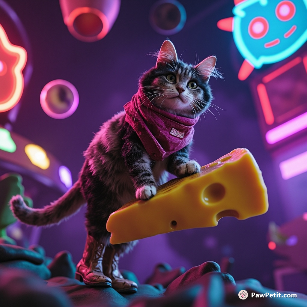 A neon cat painting graffiti on a floating cheese in zero gravity while wearing cowboy boots.