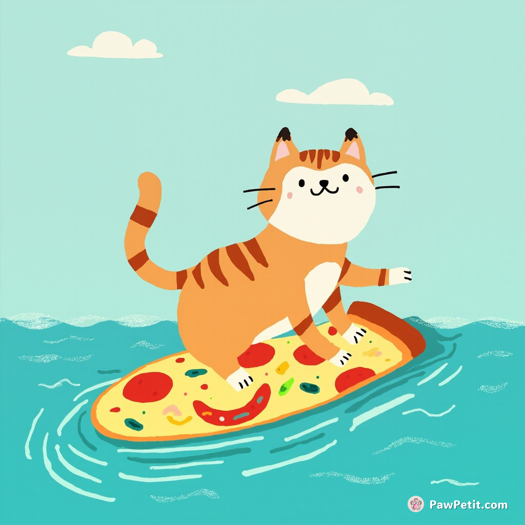 Cat surfing on a slice of rainbow pizza in a fizzy soda ocean.
