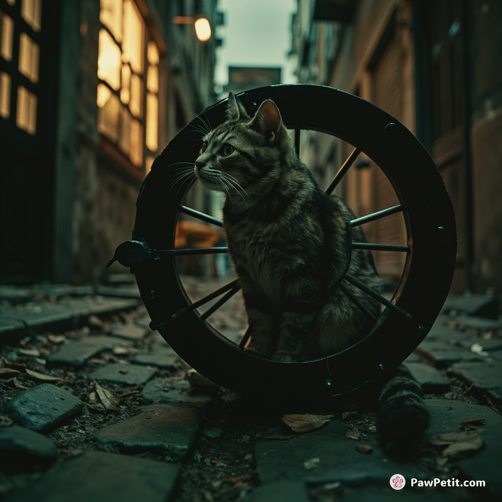 A noir-styled alley cat operating a hamster wheel-powered contrababble in 23rd-century defunct backstreet.
