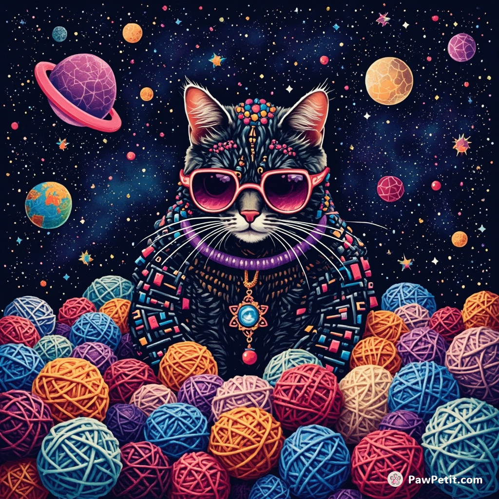 Cybernetic cat crafting a galaxy mosaic with celestial yarn balls.